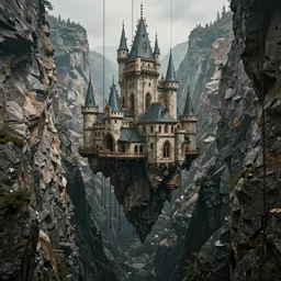 immense floating one castle, in the middle of high mountains, hanging by chains, inside a gorge, below only darkness, contrast, void, 8 k resolution, ue 5, hyper - detailed, horizontal, perspective, 3 points, view, 2 4 mm lens, by simon bisley, beeple, justin gerard