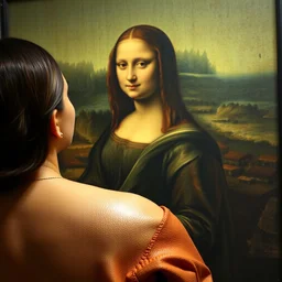 over the shoulder view of leonardo da vinci painting mona lisa. photorealistic