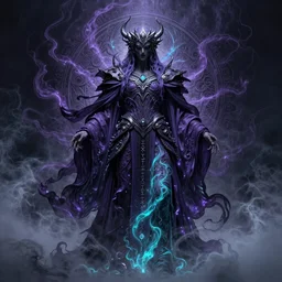 sinister sentinel arcane iconic figure in expressive purple and turquoise color palette robe, rippled layers of magic swirls, glyphs, ultra fine detail, swirling clouds of fog, raytracing, highly detailed and intricate, golden ratio, dark gradient ink with intricate designs, hypermaximalist, elite, horror, creepy, ominous, haunting, majestic, ephemeral, cinematic, art style by cgsociety, Darius Zawadzki and Jama Jurabaev and Artsation trending