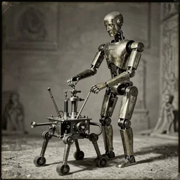 humanoid robot, ancient greek humanoid robot, bronze robot, sleek robot, ancient alexandria, heron of alexandria working on robot, tintype photograph