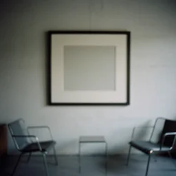 kodak portra 4 0 0, flashlight, muted colours, 1 9 2 0 s style, long shot, photo of a room with concrete walls and a large large square square picture frame, tiny gaussian blur, depth of field, 1 9 6 0 s metal furniture,
