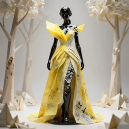 sculpture of a beautiful young female super model resembling alaska thunderfuck made out of black onyx ceramic and white diamond wearing a yellow tissue paper and onyx geometric gown by issey miyake, paper graffiti, trees made out of origami, ethereal, fantasy, lawrence alma tadema, james jean, oozium, peter morbacher, angelarium, alchemy, luxury, heavenly light, soft illumination, cinematic lighting, very detailed, 3 d octane render, artgerm, trending on artstation, cgi society
