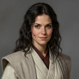 portrait of a jedi master woman by greg rutkowski, french features, wavy black hair, she has a scar near her mouth that makes her look like she smiles all the time jedi robes, star wars expanded universe, she is about 6 0 years old, wearing jedi robes, highly detailed portrait, digital painting, artstation, concept art, smooth, sharp foccus ilustration, artstation hq