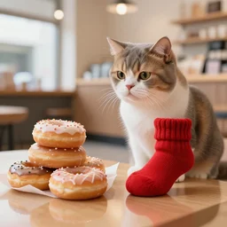 cat wearing cozy red socks, looking at a bundle of donuts at a coffee shop at noon, 4k digital art, detailed semitransparent reflections, 8k