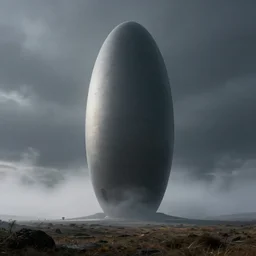 professional landscape photography of a single massive beautiful neo - futuristic matte symmetrical elongated oval monolith by ilm, denis villeneuve, emmanuel shiu, zaha hadid, mist vapor, deep color, cinematic architectural scale, moorland, dramatic, volumetric, concept art, hard surface, hyperrealism, very high detail, trending on artstation, sharp focus, rendered in octane