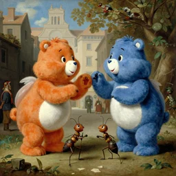 stuffed care bears fighting in the streets of care alot vs army ants action figures high level of detail in the style of giovanni battista tiepolo