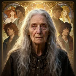 highly detailed portrait of a very old woman with long hairs, stephen bliss, unreal engine, fantasy art by greg rutkowski, loish, rhads, ferdinand knab, makoto shinkai and lois van baarle, ilya kuvshinov, rossdraws, tom bagshaw, alphonse mucha, global illumination, radiant light, detailed and intricate environment