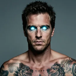 andy richter, glowing eyes, by john reuss, tattoo