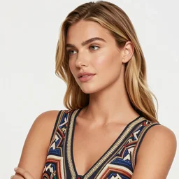 olive skinned dark blonde female model in her twenties, wearing a designer top, looking content, focused on her neck, photo realistic, extreme detail skin, natural beauty, no filter, slr, golden hour, 4 k, high definition, selfie