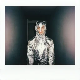 polaroid, man wrapped in aluminum foil, dark hallway