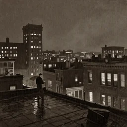 a realistic rooftop sepia - toned painting of 1 9 2 0 s downtown boston at night in the rain, dark, brooding, atmospheric, lovecraft