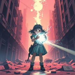 psychic child soldier girl channeling a fractal - like ball of light in an abandoned city, pixiv fanbox, dramatic lighting, maximalist pastel color palette, splatter paint, pixar and disney concept, graphic novel by fiona and dustin nguyen, peter elson, alan bean, wangechi mutu, clean cel shaded vector art, on artstation
