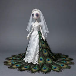 a humanoid stop motion ghostly rosy maple moth black widow hybrid puppet, wearing a peacock wedding dress with an extra long train of peacock feathers, created by tim burton for a new stop motion animation, creepy, cute, macabre, cartoon, real life