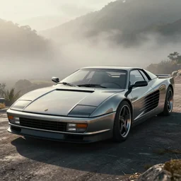 concept art of futuristic testarossa, stanceworks edition, visible bolts, large diffuser, octane render. atmospheric, fog volume, artstation