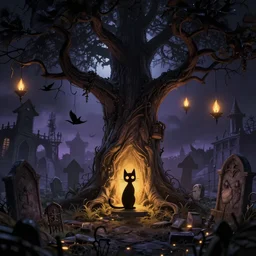 spooky cat by a large tree in the middle of a gothic graveyard, warm, glowing lights, tim burton style, trending on artstation, 8 k,