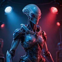 low wide closeup perspective portrait photo of a hyperdetailed futuristic alien cyborg, magical scifi lightblue and red studio lights, 3 d render, by wayne barlowe, by beeple, by artgerm, beksinski, rutkowski, peter gric, photorealistic, cinematic dramatic lighting, ominous electric atmosphere, photorealistic, using nikon d 8 1 0
