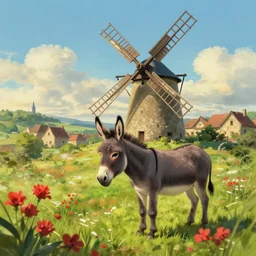 Village observes beautiful donkey standing near a windmill, spots of red flowers nearby, medieval french landscape, Carcassonne, cozy wallpaper, 4k, high details, volumetric dynamic lighting, motion blur, blur, trending on Artstation, award-winning, art by Studio Ghibli, by Chris Moore