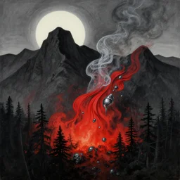 magical matte mountains exploding over the forest, chiaroscuro, red fabric, metalic parts, transparent smoke from hell, notan sun in the background, abstract, surreal art, painted by beksinski and android jones