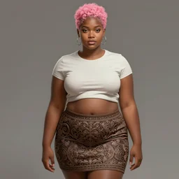 full body portrait, teenage vanessa morgan, pink hair, brown skin, obese, curly pixie hair, sultry, realistic, short hair, hoop earrings, skirt, shirt, fat, belly, intricate, elegant, highly detailed, digital painting, artstation, concept art, smooth, sharp focus, illustration, art by wlop, mars ravelo and greg rutkowski