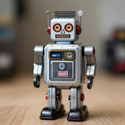 high quality presentation photo of a retro toy robot, photography 4k, f1.8 anamorphic, bokeh, 4k, Canon, Nikon
