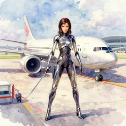 airport, colorful watercolor. by rembrant, battle angel alita, ralph mcquarrie, aluminum, 1 6 6 7