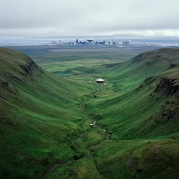 strange part of antartica, green valley below, lush and green, green pastures stretch for miles, secret photograph of declassified ufo base in antarctica, operation highjump, recolored, 4 k, shiny city in the distance, strange craft above the horizon