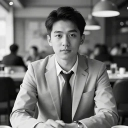 head and shoulders male black and white portrait of a young business professional, sitting down at a nice restaurant.