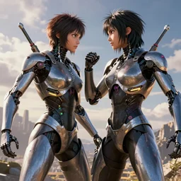 fight between two good looking cyborg, in the style of the movies alita : battle angel, very details, 8 k, by yukito kishiro