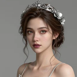 complex 3 d render, ultra detailed, realistic portrait of a beautiful porcelain skin woman, face, wispy, wavy hair worn tied back in a messy bun, wide open hazel eyes, wearing filigree silver elven circlet, flowers in hair, brown eyeshadow, mauve lips, natural makeup, 8 5 mm lens, beautiful, studio portrait, spaghetti strap dress,