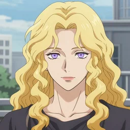 a beautiful man with long blond drill curls and curtain parted bangs, light gold fluffy curly blond hair and pale white skin, lavender eyes, city landscape, 4k, anime key visual, lois van baarle, ilya kuvshinov, rossdraws, artstation