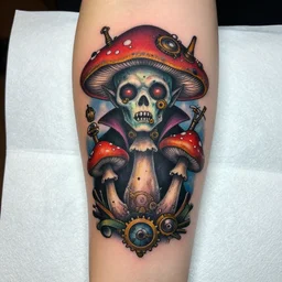 vampyre zombie magic mushrooms, steampunk tattoo, one color,