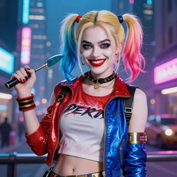 Harley Quinn in cyberpunk clothing, beautiful, smiling, city background, vibrant colors, 4k, high quality, digital art