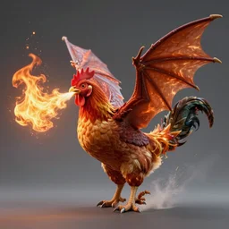 a chicken breathing fire in the air with dragon wings and a spiked tail