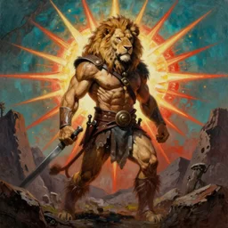 muscular lion barbarian hunter full body in portrait pose, sun rays , red planet explosion  in cyan background , very textured detailed  oil painting by rembrandt , hard backlight , in dark cave