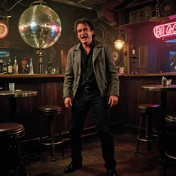 the full - body shot of crying unkempt drunkard brawler ( ( ( ( ( ( joaquin phoenix ) ) ) ) ) ) with sideburns worn in grey jacket in steampunk bar makes scandal, still shot from withnail & i movie with cinematography of christopher doyle, neon light reflectied from discoball, anamorphic, optical flares, kodak film, masterpiece, 8 k