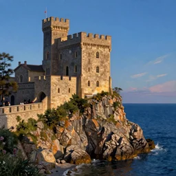 cliffside castle by the ocean, blue sky, summer evening, a painting by kenton nelson