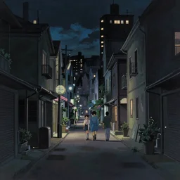 dark city street, painting by Hayao Miyazaki,ArtStation