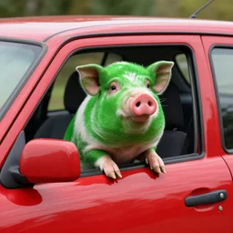 a green pig sits in a red Suzuki car, award winning photo