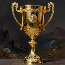Still life of a close-up golden trophy cup goblet, highly decorated and very detailed. By Frank Frazetta and Boris Vallejo.