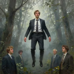 detailed oil painting, hyper realistic | digital art, award winning | the businessman floats eerily in the misty forest, uneasy | by roberto ferri, by gustav klimt, by william waterhouse and tom bagshaw | trending on artstation, cgsociety, official art, octane, digitsl painting.