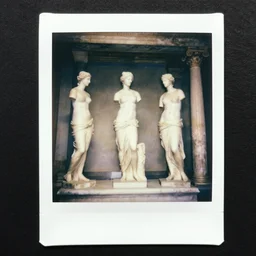 Polaroid photo of fragmented greek sculpture of three idealized female inside a temple