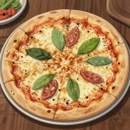 Delicious pizza, by studio ghibli painting, by Joaquin Sorolla rhads Leyendecker, An aesthetically pleasing, dynamic, energetic, lively, well-designed digital art of a pizza, overlaid with aizome patterns, by Ohara Koson and Thomas Kinkade, traditional Japanese colors, superior quality, masterpiece