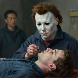 painting of Michael Myers dabbing on his victim's corpse, sharp focus, trending on ArtStation, masterpiece, by Greg Rutkowski, by Ross Tran, by Fenghua Zhong, octane, soft render, oil on canvas, moody lighting, cinematic, professional environment concept art