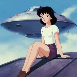 a film still of a 1 9 5 0's sci fi anime girl sitting on the roof of flying ufo landing, sharp face focus, full body mid shot, perfect art, trending on pixiv fanbox, painted by gaston bussiere, makoto shinkai, akihiko yoshida, gaston bussiere, craig mullins