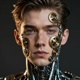 man, cyborg with clock gears embedes in his face, hyper realistic, portrait
