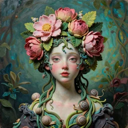 eadshot of a trickster nature women, head made of fruit and flowers in the style of arcimboldo, fragonard, covered with tendrils and snail shells, oil painting, ethereal, atmospheric lighting, action figure, clay sculpture, claymation, turquoise pink and green, botanical rainbow backdrop