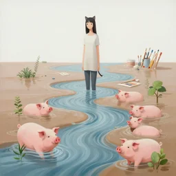 painting of flood waters, a tall catgirl art student, zen, a river flooding inside, art supplies, pigs, plants in a glass vase, water, river, rapids, waterfall, canoe, pomegranate, berries dripping, swans, acrylic on canvas, surrealist, by magritte and monet