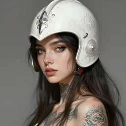 an attractive young tattooed female with piercings wearing an white ornate metallic helmet, evangeline lilly, olive skin, long dark hair, beautiful bone structure, intricate, elegant, highly detailed, digital painting, artstation, concept art, smooth, sharp focus, illustration, art by artgerm and greg rutkowski and alphonse mucha