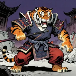 monster tiger zombie in samurai outfit comix style by Al Feldstein, Jason Edmiston
