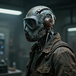 a half - masked rugged laboratory engineer man with cybernetic enhancements as seen from a distance, scifi character halfbody portrait by greg rutkowski, esuthio, craig mullins, 1 / 4 headshot, cinematic lighting, dystopian scifi gear, gloomy, profile picture, mechanical, cyborg, half robot, implants, dieselpunk